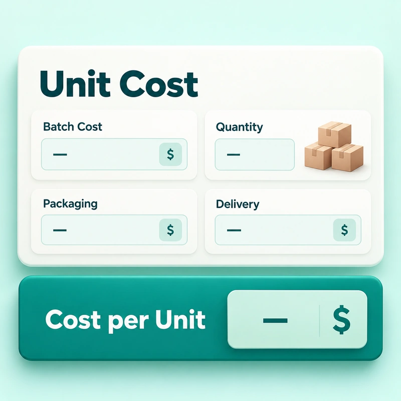 Unit-cost interface with batch cost, quantity, packaging, and delivery inputs and a cost-per-unit result.