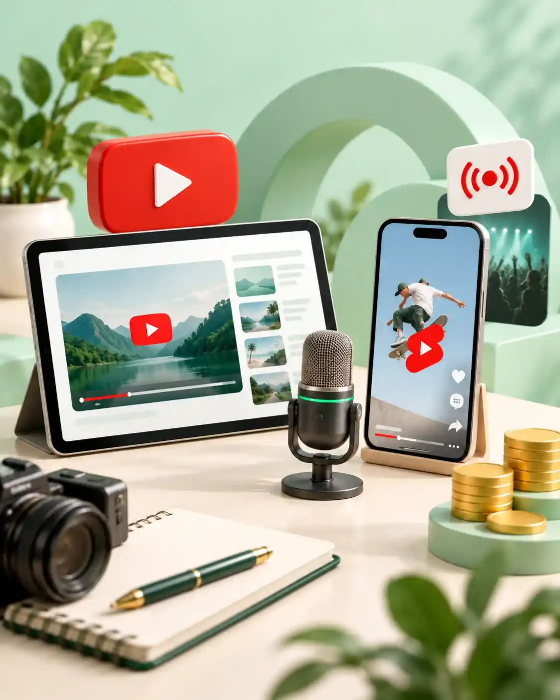 Landscape video screen, upright phone and studio microphone representing video formats