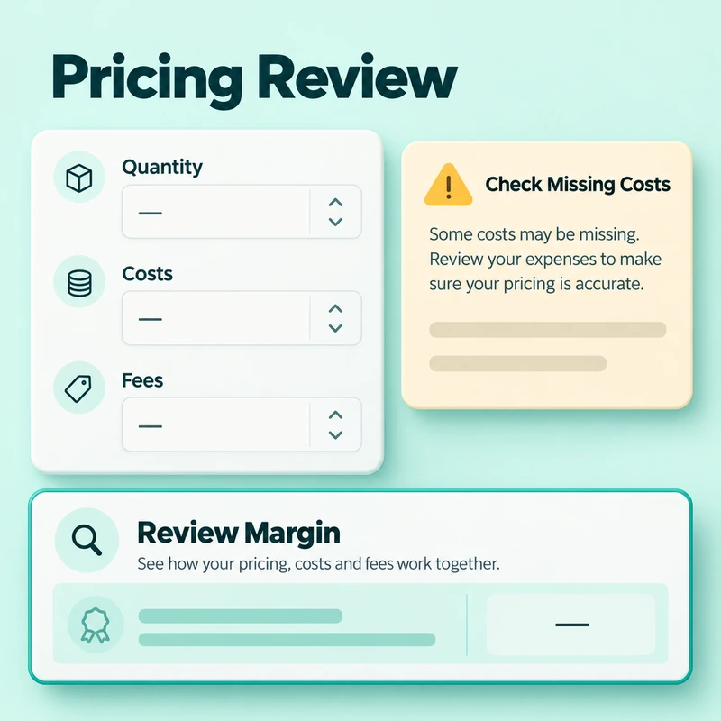 Pricing input review with quantity, costs and fees, plus missing-cost and margin warnings.