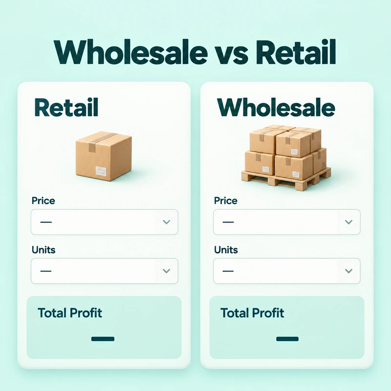 Retail and wholesale comparison cards with prices, quantities, and total-profit results.