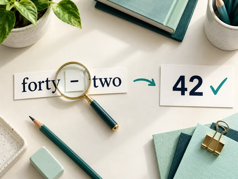 The phrase forty-two checked with a magnifying glass and converted to 42.