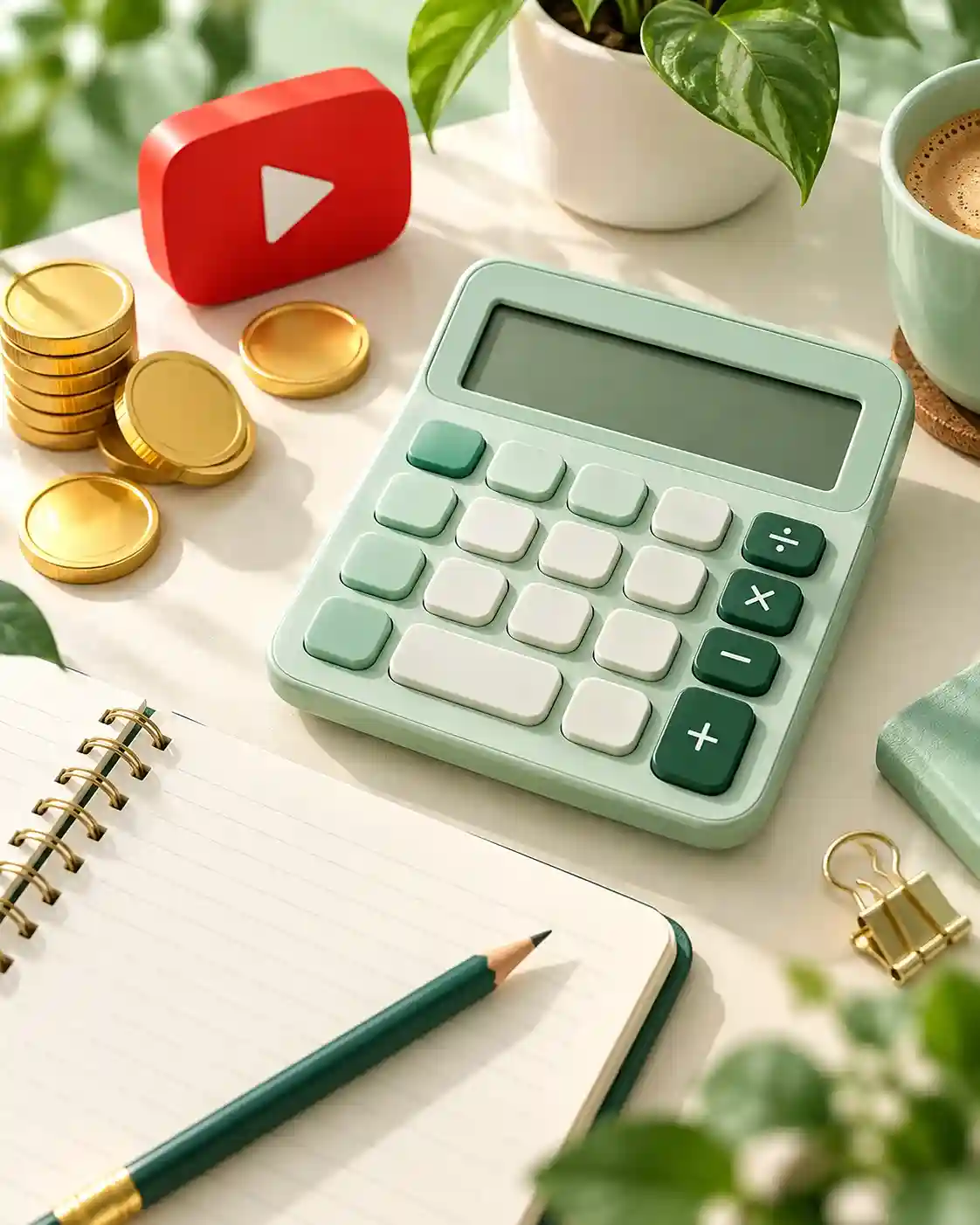 Desktop calculator, blank notebook and coins for an illustrative earnings calculation