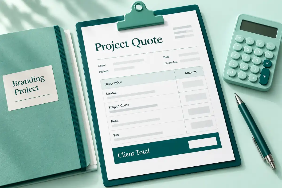 Illustrative project quotation sheet showing labor, project costs, fees, tax, and client total.