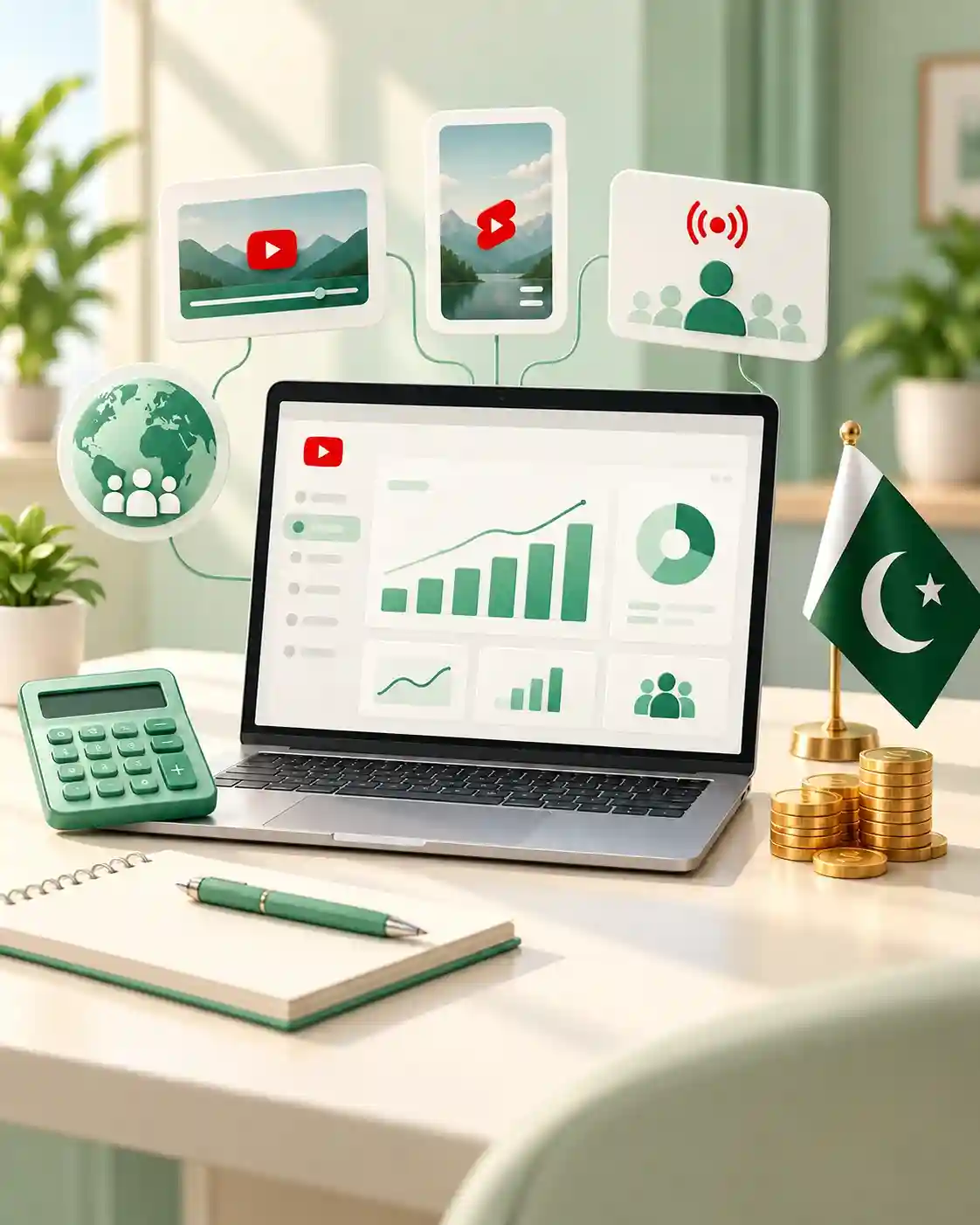 Laptop with video analytics, a calculator, gold coins, and a Pakistan flag.
