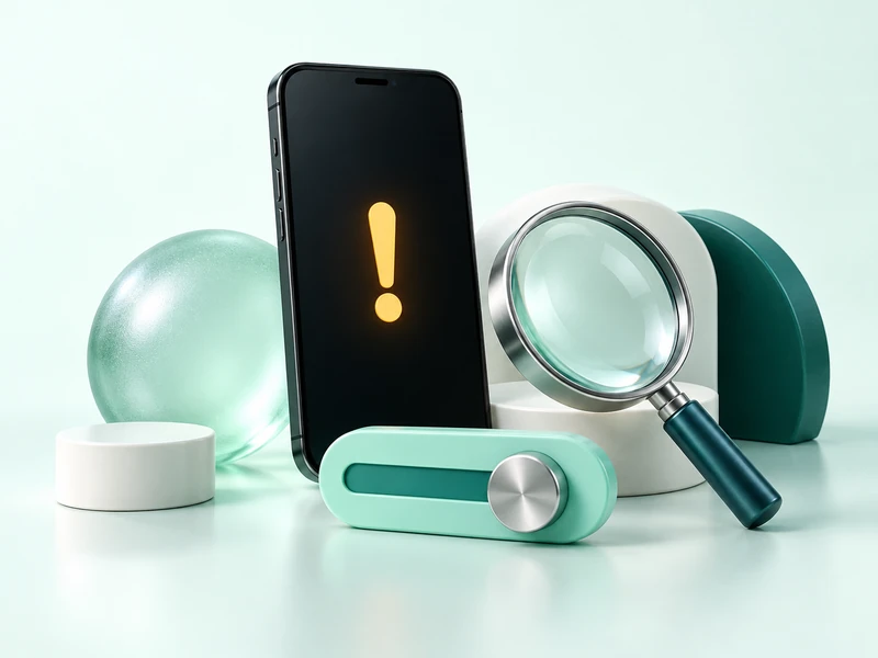 Phone with an exclamation mark beside a magnifying glass and slider